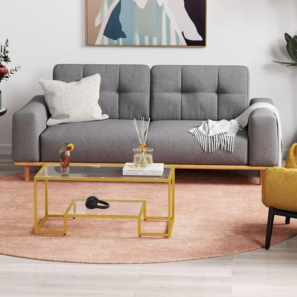 Gold Metal Frame 2-Tier Rectangular Glass Coffee Table for Small Spaces, Suitable for Living Room and Office