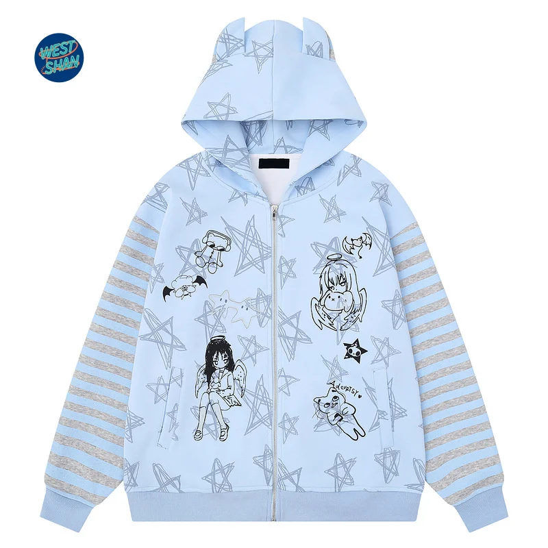 WESTSHAN أعلى جودة الاتحاد الأوروبي الولايات المتحدة حجم Y2K الملابس الكرتون لطيف آذان ستار المشارب البلوز المرأة خريف شتاء كامل ستار قلنسوة بسحاب