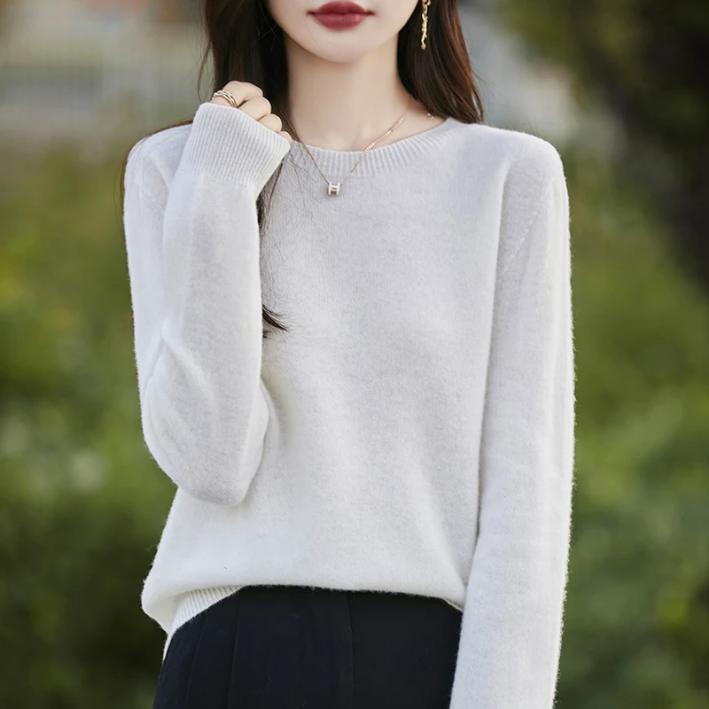 Fashion 100% Merino Wool Sweater Elegant Cashmere Pullover Women's WarmthO-Neck Long Sleeve Knitwear Basic Clothing  Jumper Tops