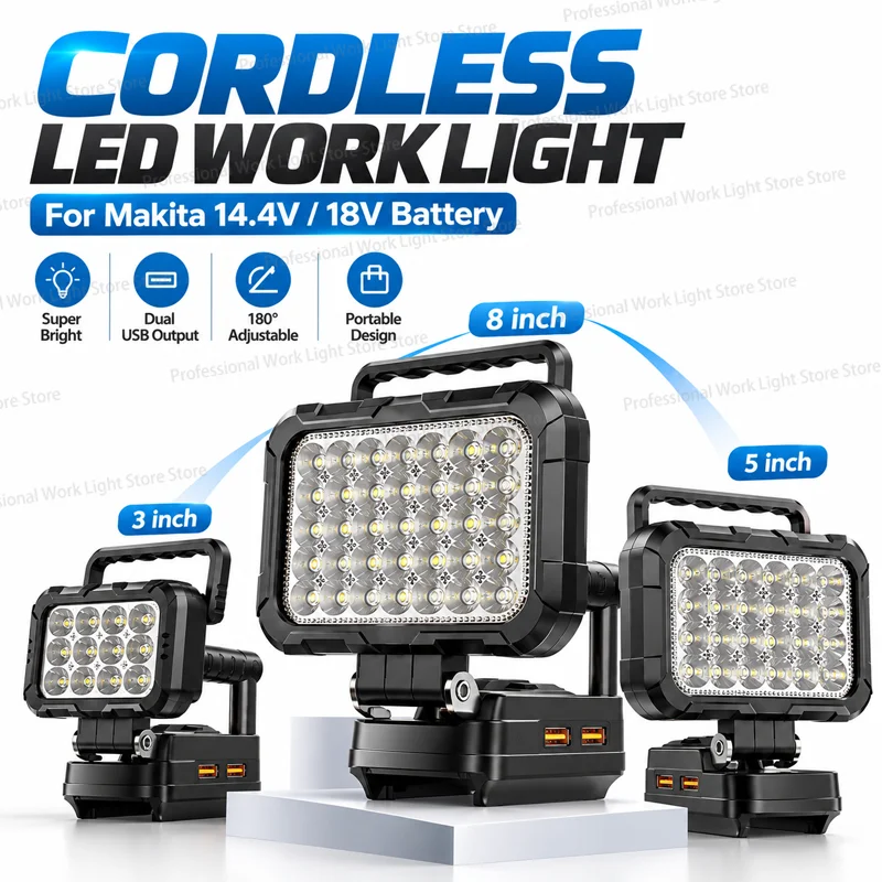 LED Work Light 3/5/8Inch For Makita 14.4V 18V Li-ion Battery Lamp With USB Spotlights Flashlight Lantern Camping Emergency Light