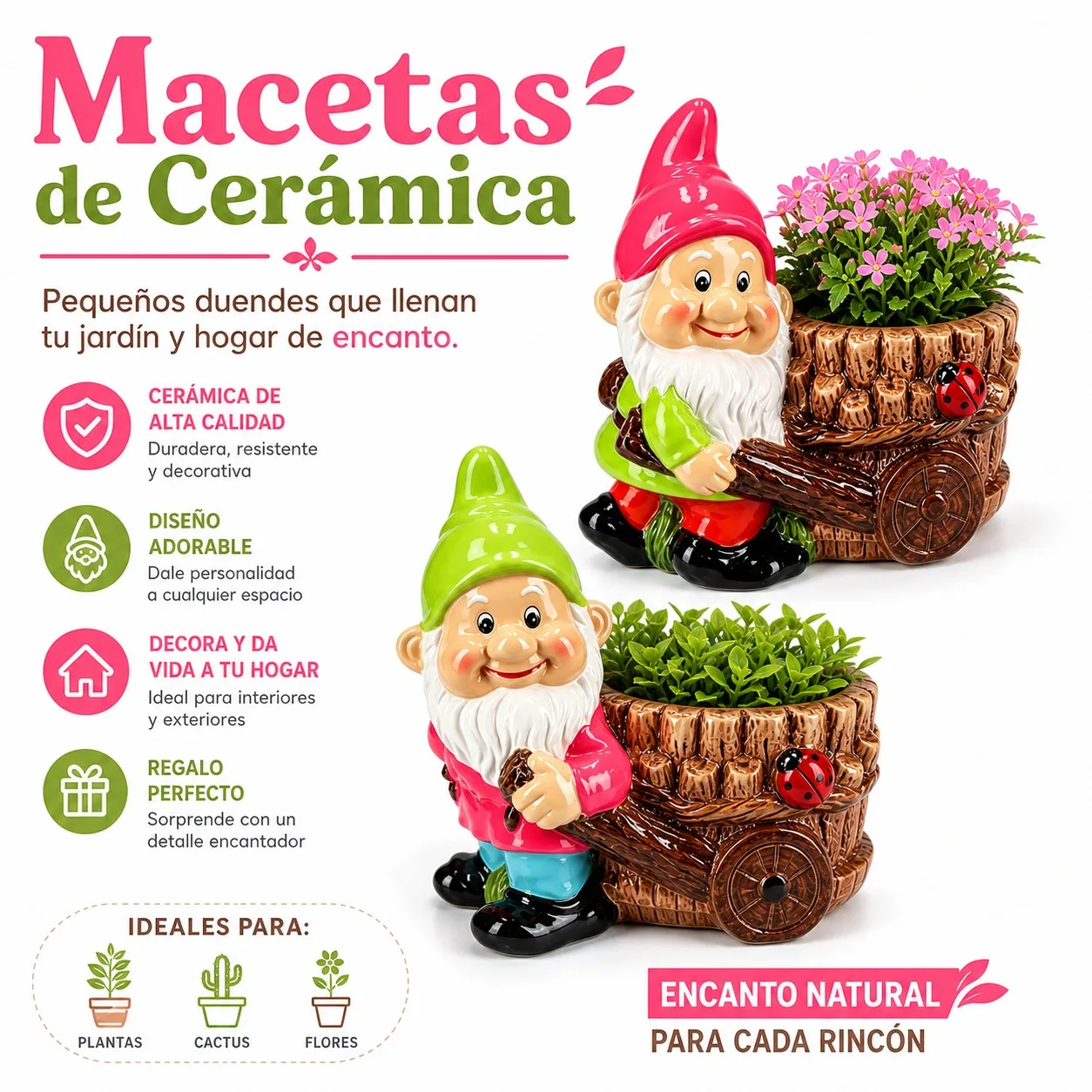 Pot de fleurs en céramique avec gnome de jardin et brouette, décoration peinte à la main pour plantes et fleurs, organiseur de bureau créatif