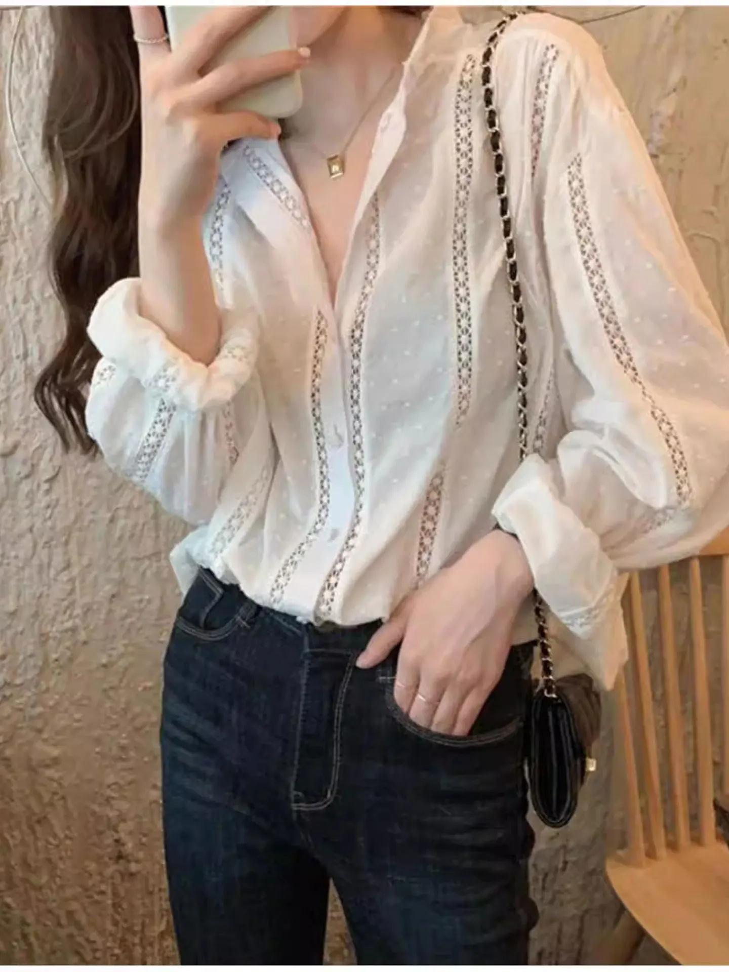 

Lace Hollow Long Sve Chiffon irt Women's plus Size Loose Versatile Super Beautiful Top Casual Sle V-ne Daily Wear