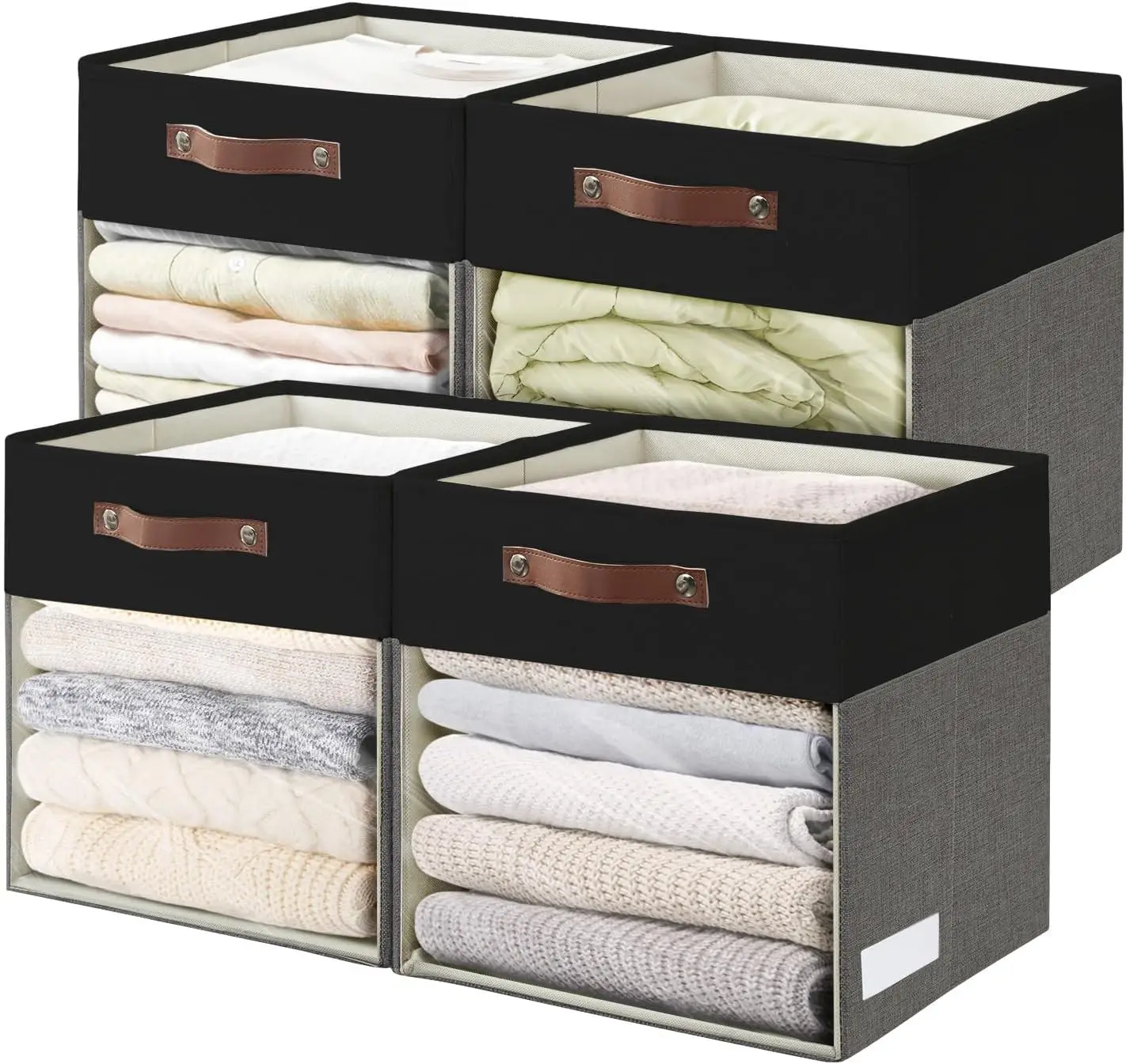 Storage Cubes, 4 Pack Linen Foldable Storage Binswith Clear Window and Handles, Fabric Organizer for Shelf Closet