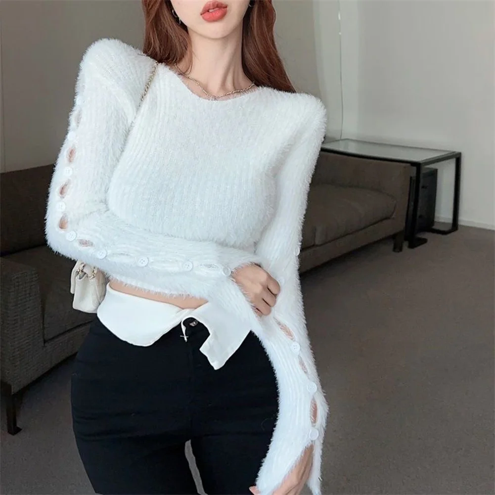 

Long Sleeve Sweater Hollow Crop Top Casual Wear Party Outfits Trendy Women Fashion Top Regular Clothing Length
