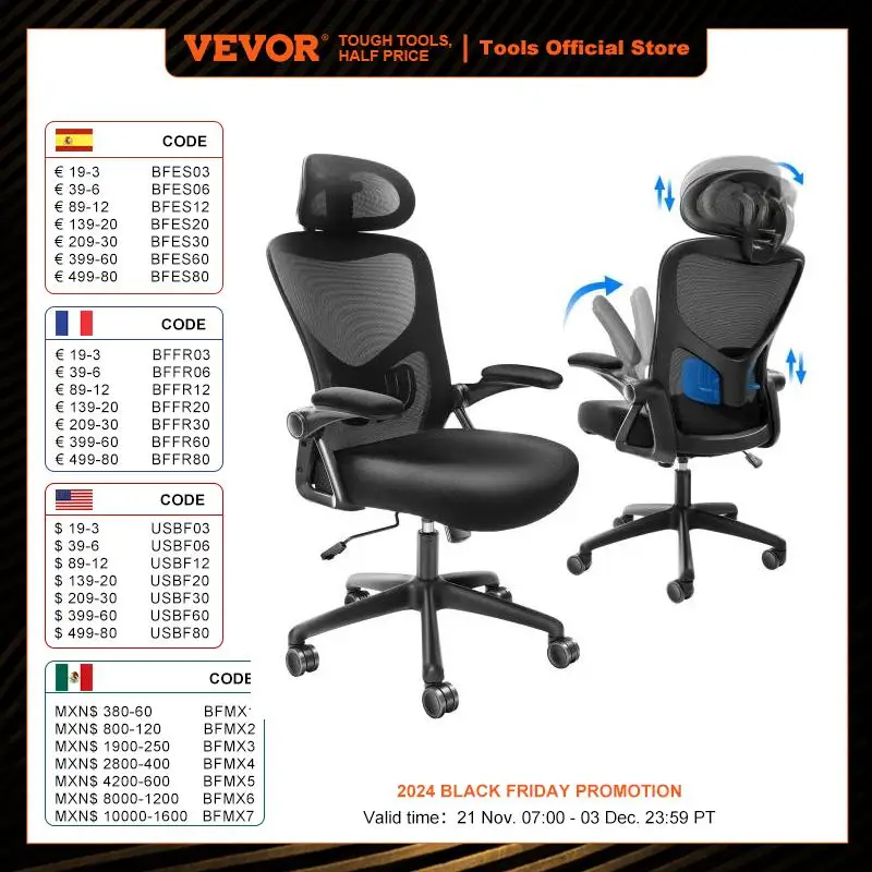 VEVOR Ergonomic Office Chair with Slide Seat/ Mesh Seat/ Adjustable Lumbar Support Angle and Height Adjustable Home Office Chair