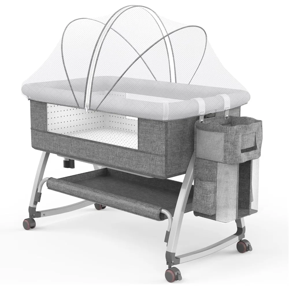 Baby Bedside Bassinet, Bassinet with Adjustable Height, Breathable Mesh, Wheels, and Mosquito Net, Easy-Fold Bedside Sleeper