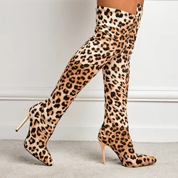 Women's Long Boots Fashionable Slim Heels and Leopard Print Sexy Nightclub Style One Kick Elastic Plus Size Women's Boots