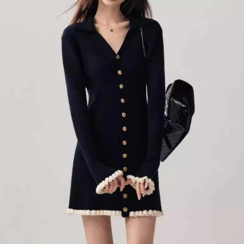 

NEW French V-neck Knitted Dress Autumn/Winter Women's High End Ruffled Edge A-Line Short Dress Elegant Splicing Long Sleeve Dres
