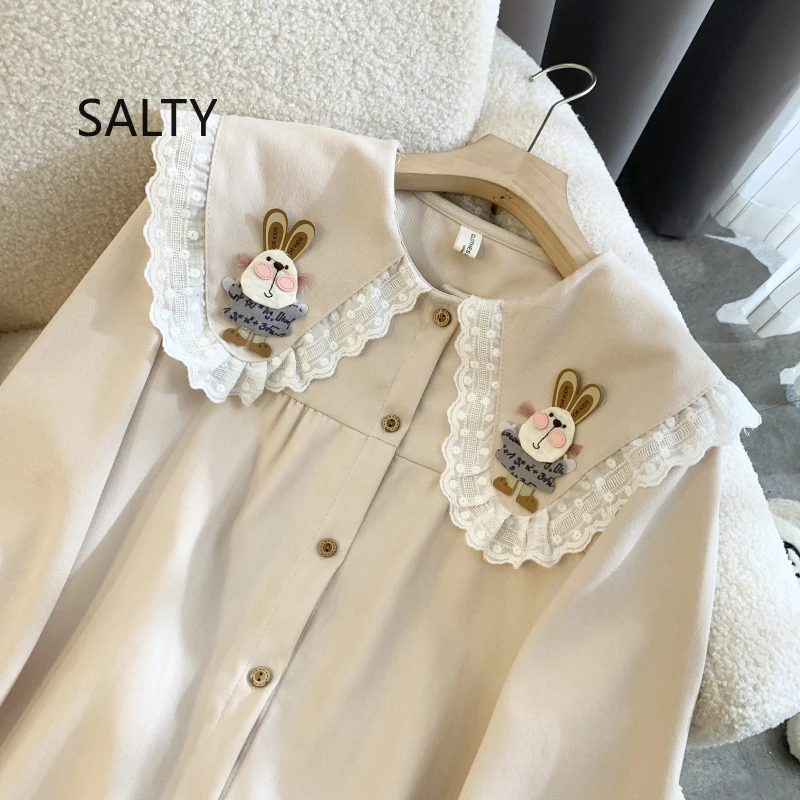 2025 Women Shirt Long Sleeve Cute Rabbit Patch Doll Collar Blouse Tops Female Autumn and Winter Preppy Style Woman