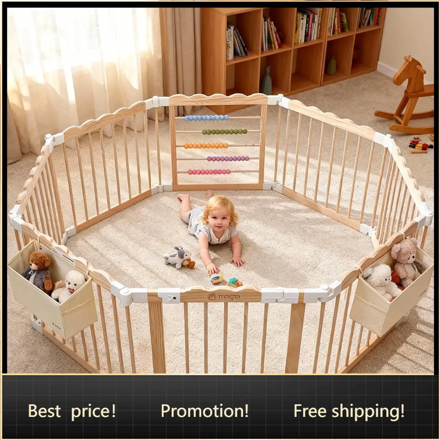 Foldable Wooden Baby Playpen, Adjustable Play Yard, 57x57x25in | Adjustable Shape & Size with 2-Pack Storage Bags, Nature Pine