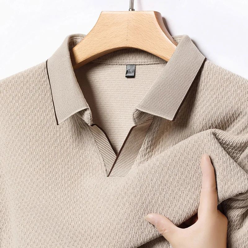 

High End Quality Men's 2024 Autumn New Designer Wool Long Sleeved Polo Shirt Solid Color Scissor Collar Trendy Classic T-Shirt
