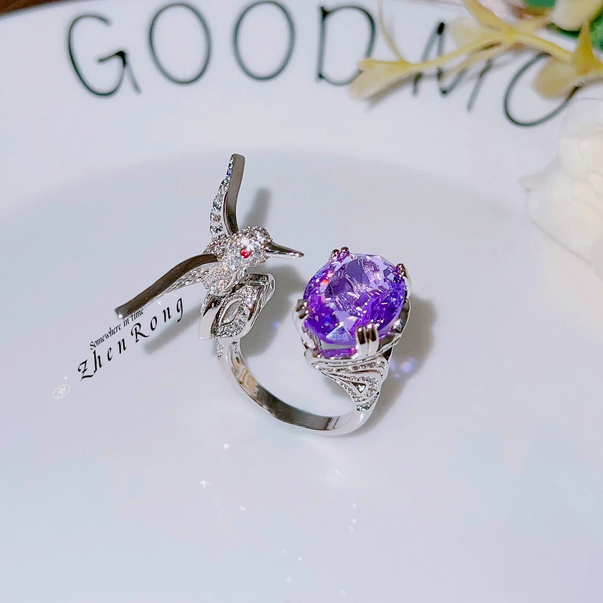 S925 Sterling Silver Open Ring with Aquamarine Hummingbird and Crystal Colored Gem Elegant Jewelry Gift for Women and Teen Girls view 5