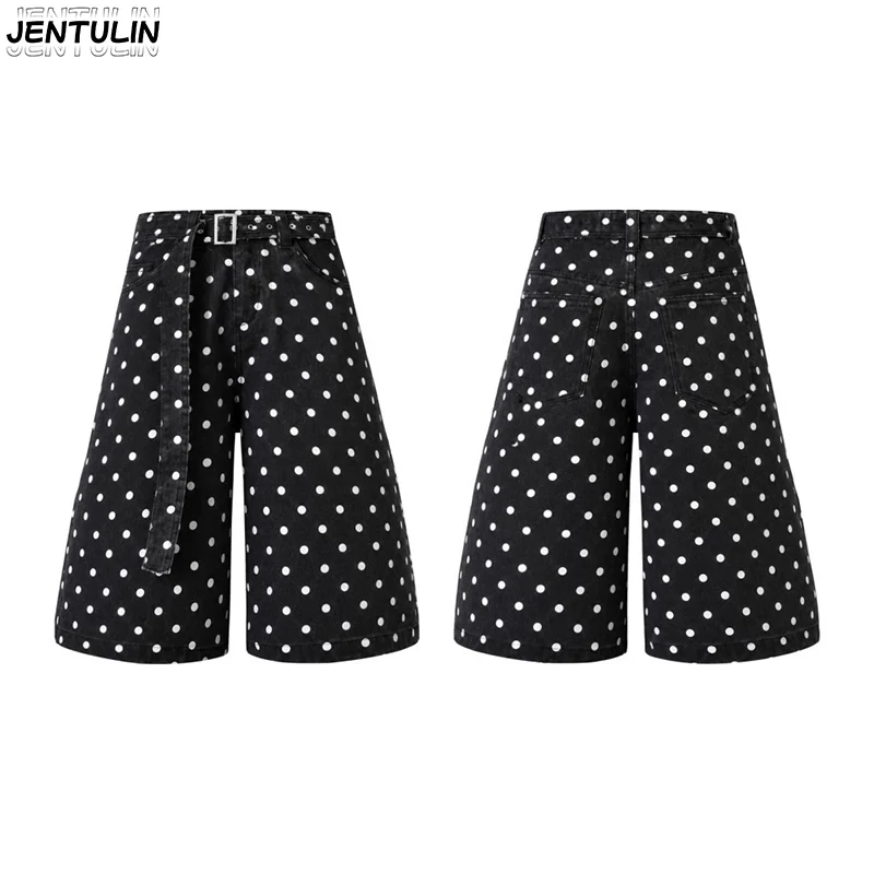 American Retro Polka Dot Washed Seven Part Wide Leg Pants With High Waist Metal Adjustable Buckle Loose Men's Women Casual Pants