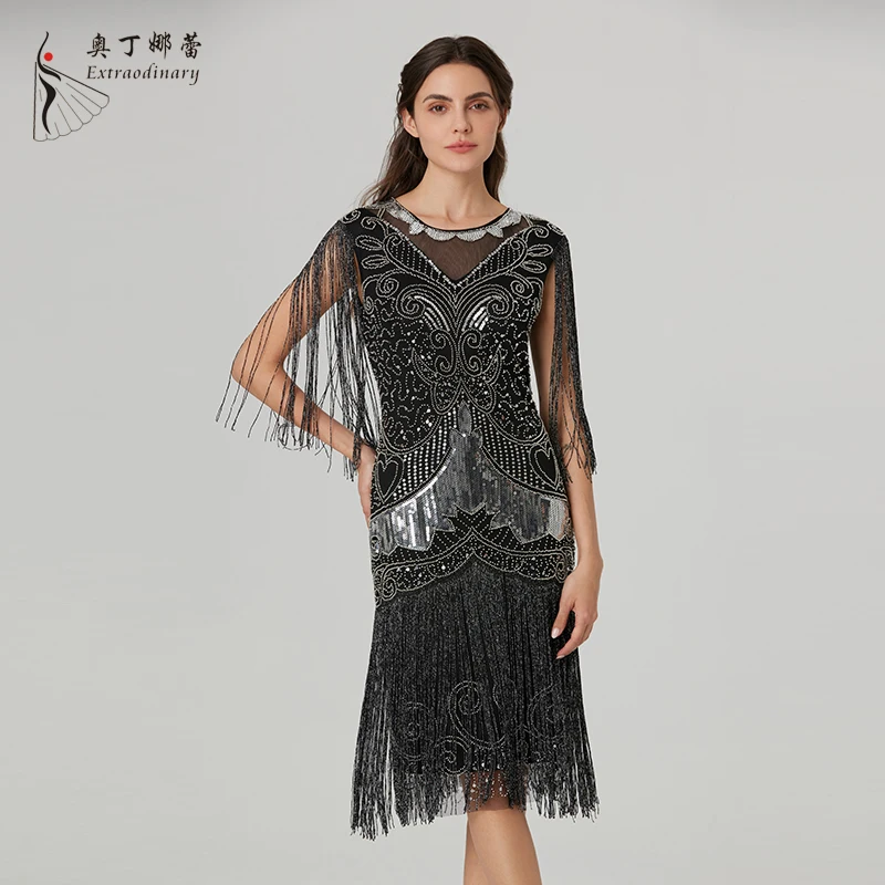 Women Sequins Dress 1920s Fringe Vestidos Vintage Great Gatsby Party Cocktail Dress V-Neck Sequin  Embroidery