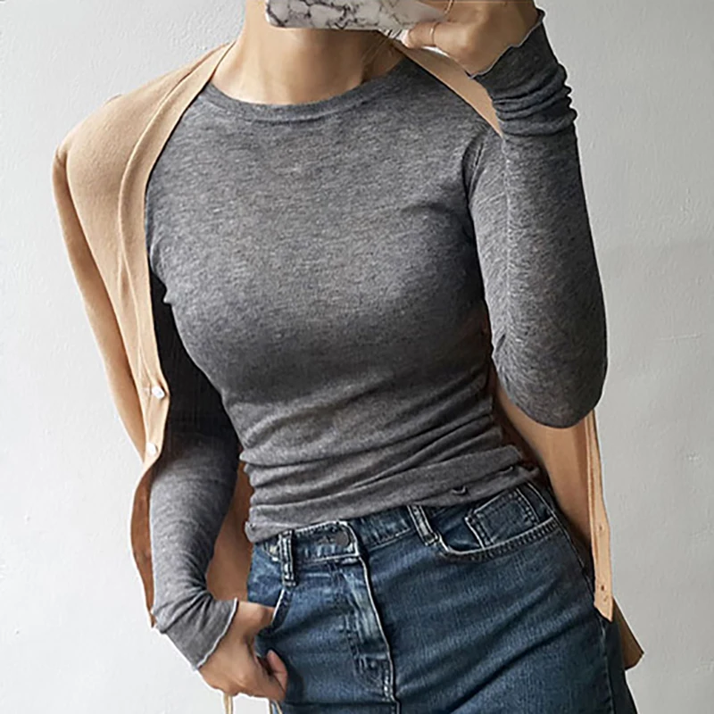 Women Ruffles Long Sleeve T Shirt Spring Autumn Slim Fit Casual Tshirt Female Basic Solid Elastic See-through Tee Y2k Streetwear