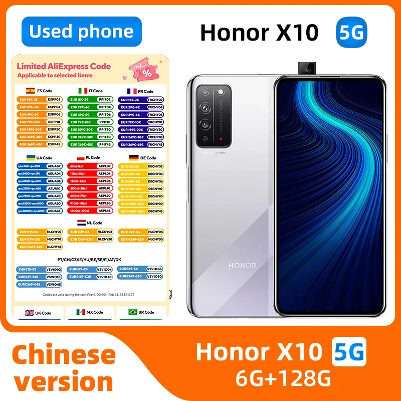 

Honor X10 5g Smartphone Android 6.63 Inch Screen CPU Kirin 820 40MP+16MP Camera 4300mAh Battery Original used phone