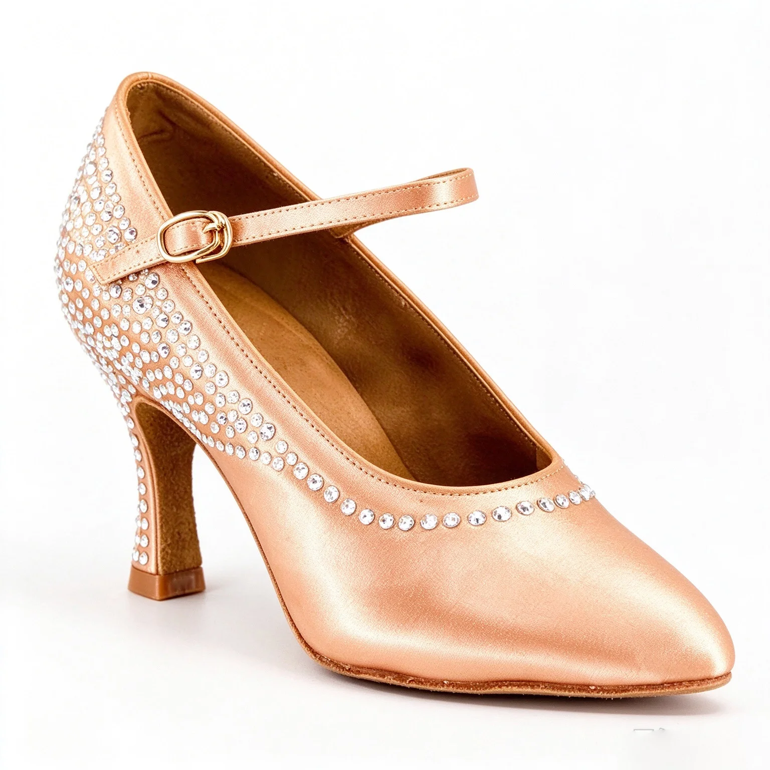 Evk Satin Rhinestone Mary Jane Ballroom Shoes Women Closed Toe Modern Waltz Tango Dancing Heels Suede Sole Party Dance Sandals