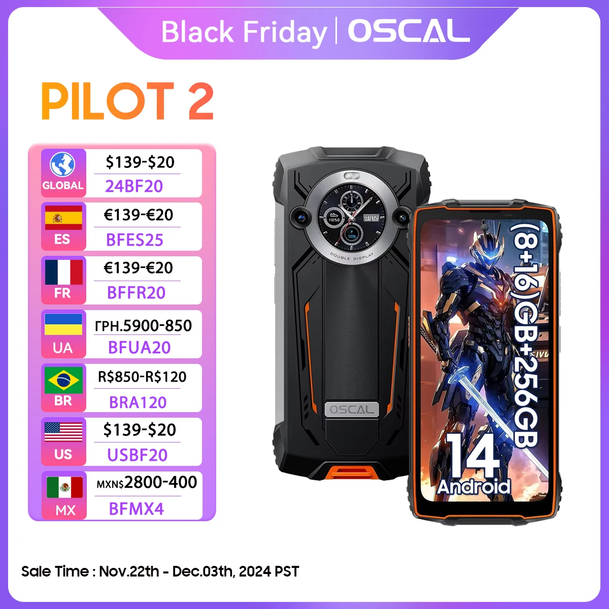 هاتف OSCAL PILOT 2 الهواتف الذكية القوية Helio G99 6.5 بوصة 120 هرتز 8 جيجابايت 256 جيجابايت مع مشاعل LED مزدوجة 8800 مللي أمبير في الساعة