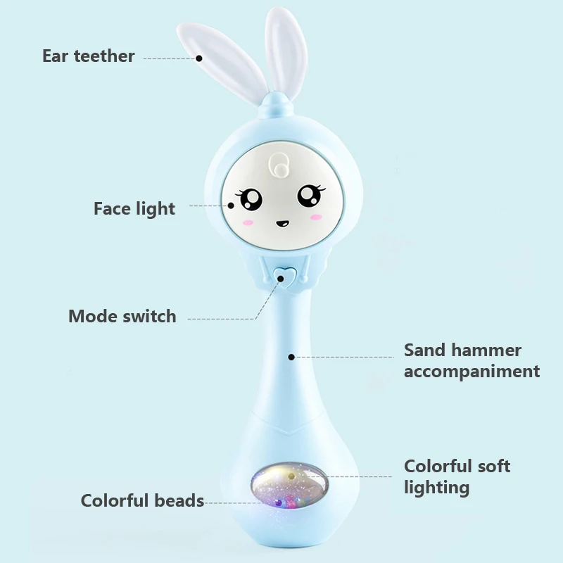 아기 음악 깜박이 딸랑이 장난감 토끼 Teether 핸드 벨 모바일 유아 중지 우는 눈물 딸랑이 신생아 조기 교육 장난감 18M