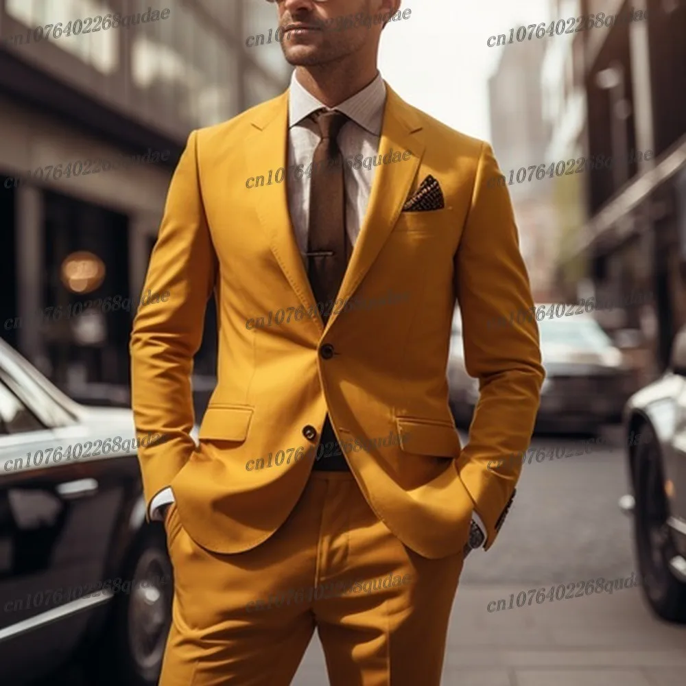 Yellow Men Suit Formal Occasion Wedding Party Groom Suits Groomsman Male Tuxedos Bridegroom Costume 2 Piece Set Blazer Pant