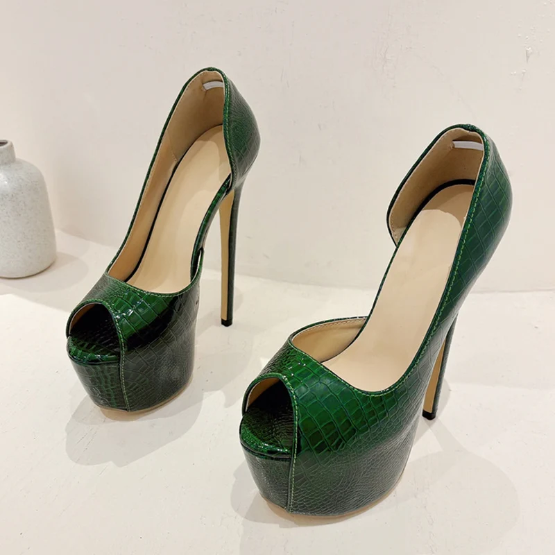 Liyke 2024 New Green Snake Print Leather Platform Pumps Women Sexy Slingback Peep Toe Extreme High Heels Strip Pole Dance Shoes