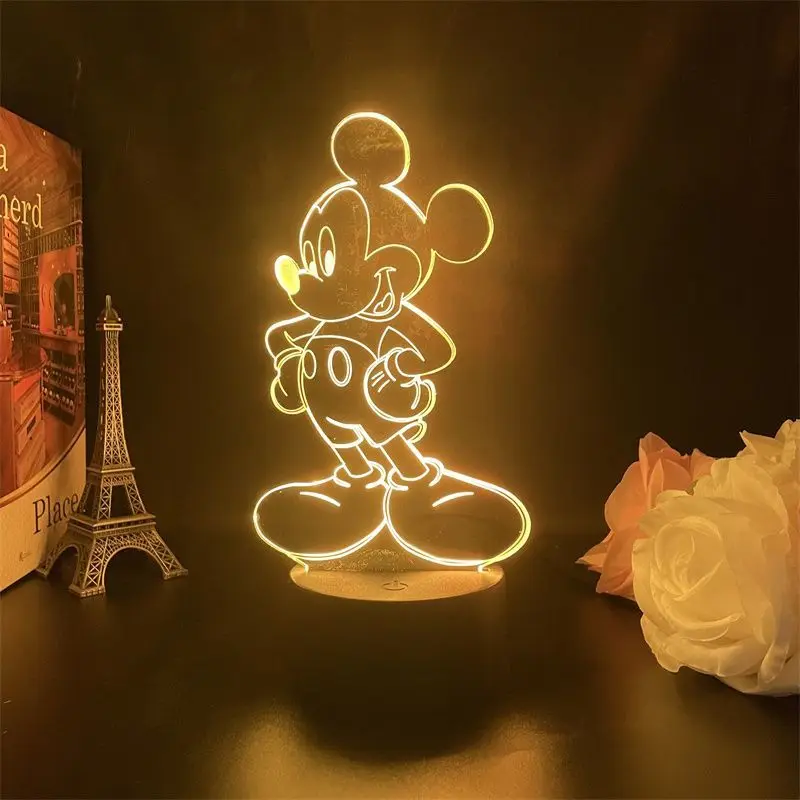 Mercancía de dibujos animados de Disney Mickey, soporte acrílico brillante, luz nocturna creativa para dormitorio, decoración de figuras, regalo