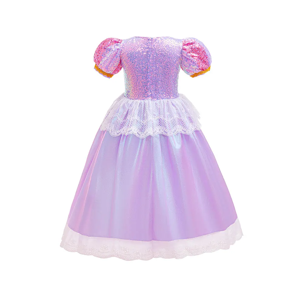 Summer Violet Lace Sequin Princess Dress Girl Rapunzel Cosplay Costume Halloween Carnival  Role Play Outfit Birthday Party Frock