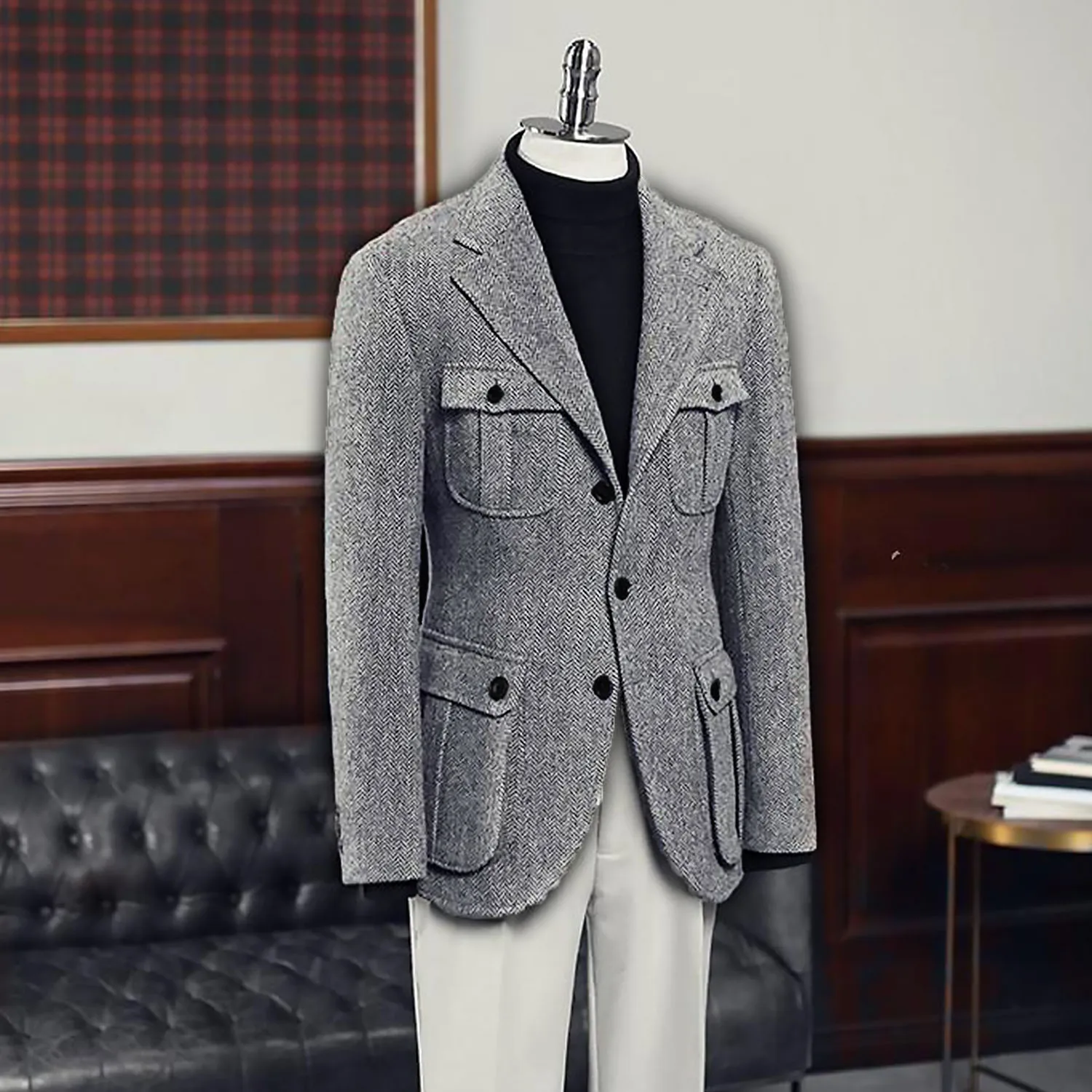 

Men's Blazer Retro Herringbone Jacket Formal Office Sport Coat Autumn and Winter Thick New Formal Business Vintage Style Suits
