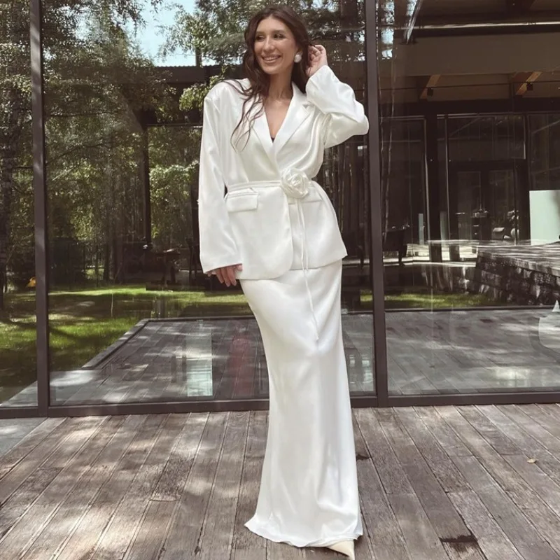 

Satin Blazer Outfits for Women Elegant Long Sleeve Jacket Suit Long Skirt Two Piece Set Office Lady Celebrity Party Clubwear