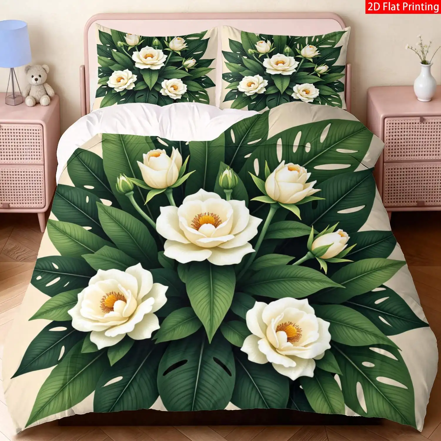 Modern Tropical Duvet Cover Set 3 Piece with Invisible Zipper White Rose Green Monstera Leaf Print Cream White Background Bedding