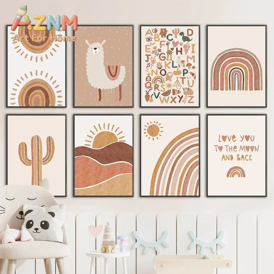 Multi-size 1PC frameless high-definition decorative paintings,Alpaca Unicorn Sun Rainbow Cactus Nursery Wall Art Canvas Painting
