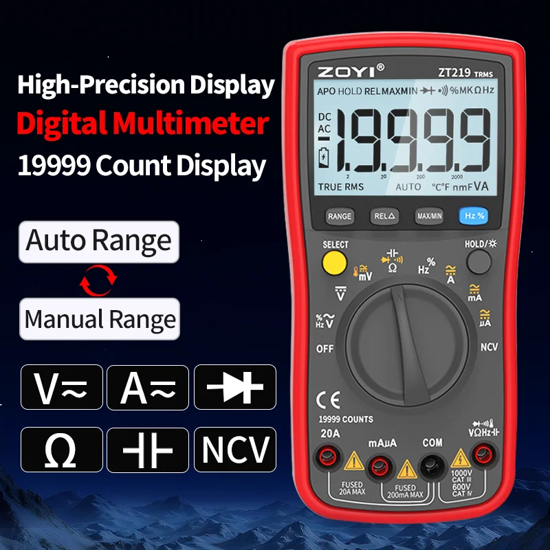 

ZOYI 219 Smart Multimeter, Digital Professional Type,19999count AC voltage tester,measures current, NCV,capacitance,resistanc
