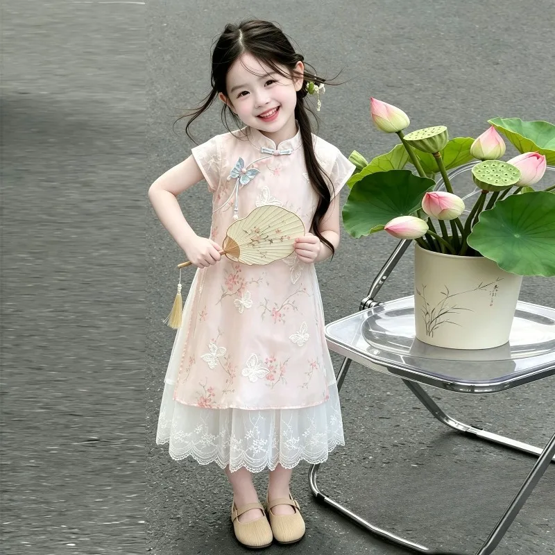 Girls Cheongsam Dress 2026 Summer New Dressrs for Kids Lace Chinese National Style Teenager Princess Dress Toddler Costume