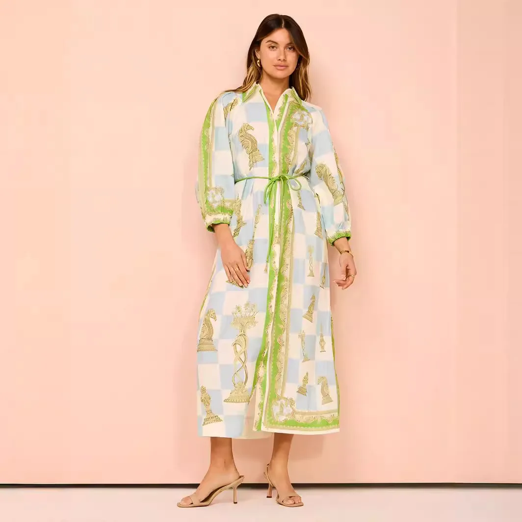 

Vintage Printing Loose Long Sleeve Women Dress Elegant Lantern Sleeve Sash Midi Dresses Ladies Chic Party Vestidos Summer 2025