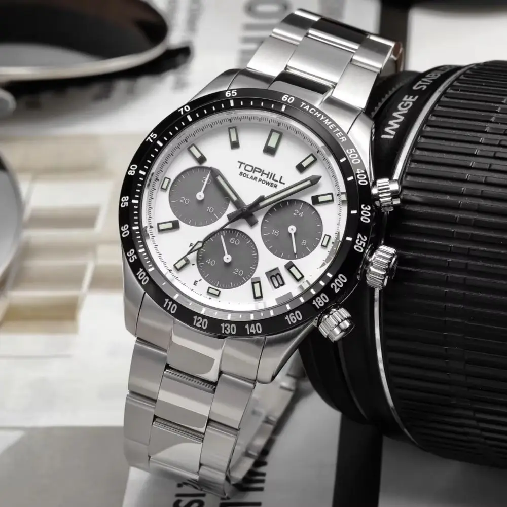 TOPHILL Watches For Men Quartz Chronograph Solar Powered VR42B C3 Luminous 316L Stainless Steel Sandblasted Dial Battery Indicator Guide Sapphire Crystal 50M Waterproof TL029G