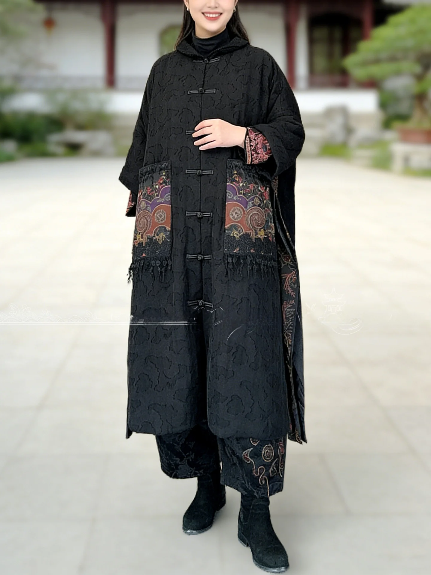 

Chuxin New Chinese Sle Ethnic Embroidered Cotton Jaet Women Winter Mid-Length Loose Single Button Bla Retro Button Cott...