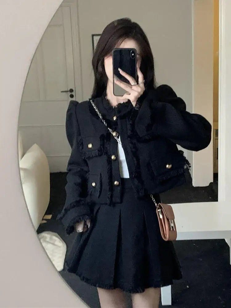 

Tweed Jacket Navy Blue Woman Womens Fall Panelled Vintage Illusion Kpop Chic Fuzzy Embroidered Embellished Sequined Ladylike Ins