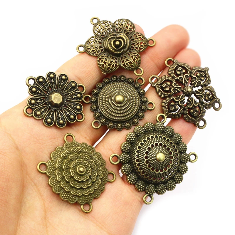 10pcs Bronze Color Bohemian Vintage Flower Connector Charms Pendant DIY Jewelry Making Accessories Findings Necklace Bracelet
