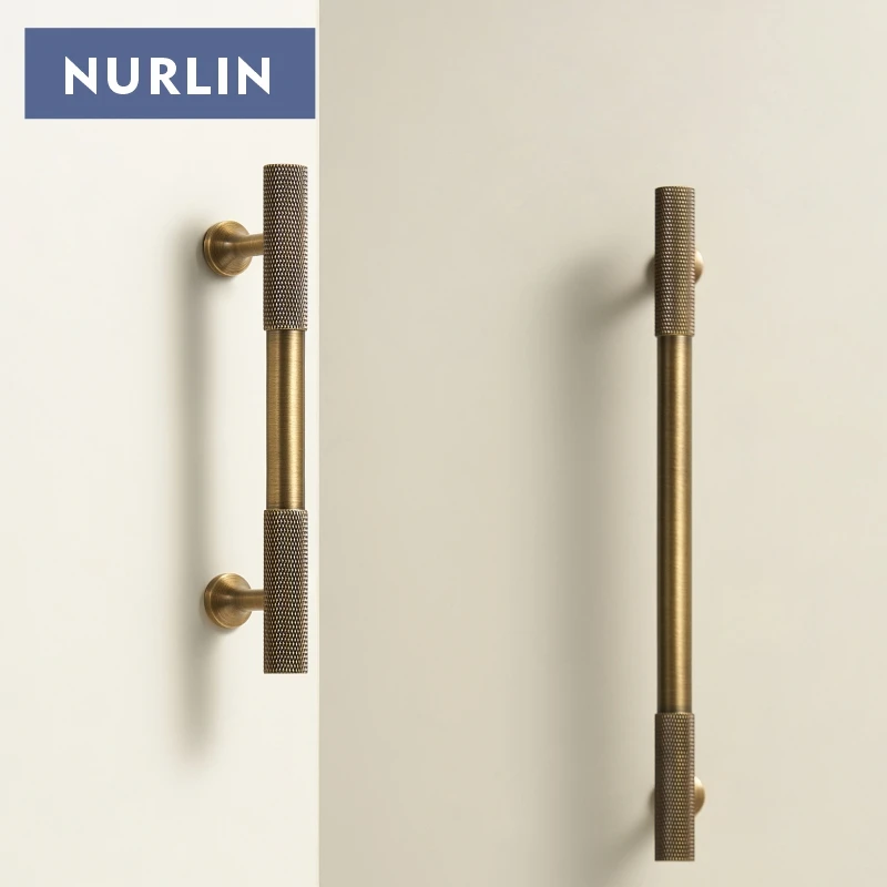 Nurlin Solid Brass Classic Luxury Cabinet Knurled Pattern Knobs Drawer Handle Door Pull Retro Distressed Matte Gold Many Size