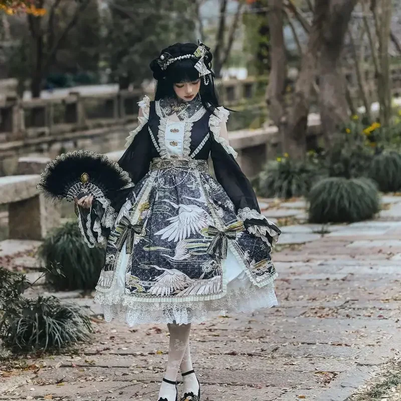 Chinesischer Windkran drucken op Lolita Kleid Kawari Schleife Spitze wunderschöne Prinzessin rotes Kleid Mädchen süß