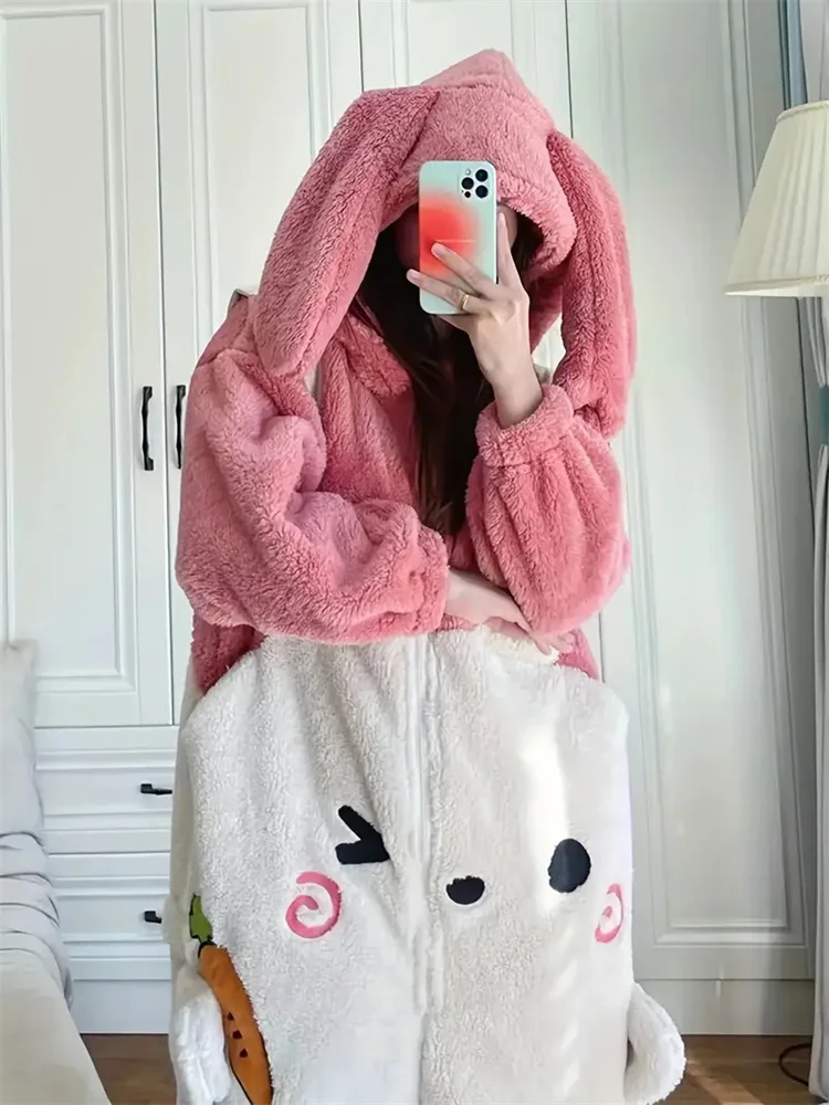 Winter Cute Bunny Plush Hooded Lounge Jumpsuit Long Sleeve Zip Up Jumpsui Women's Sleepwear Cartoon Loungewear Nightgown