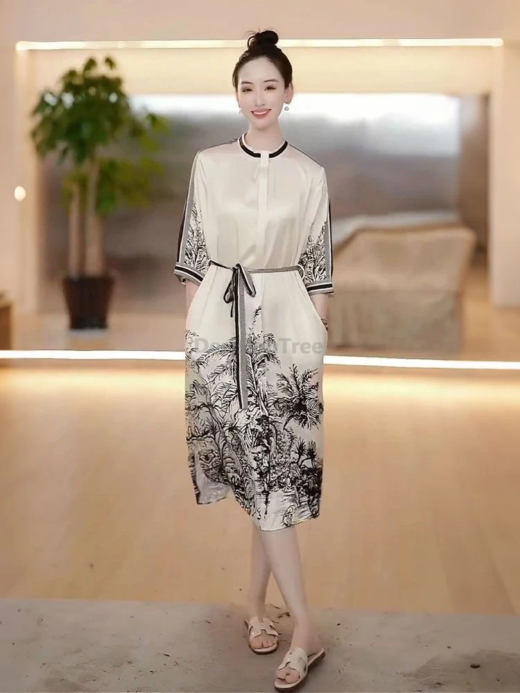 

New Chinese-style 2026 Fashion Printing Dress Waist-Slimming women Robe Luxury Elegant Youthful Spring Summer Daily Robe Dress