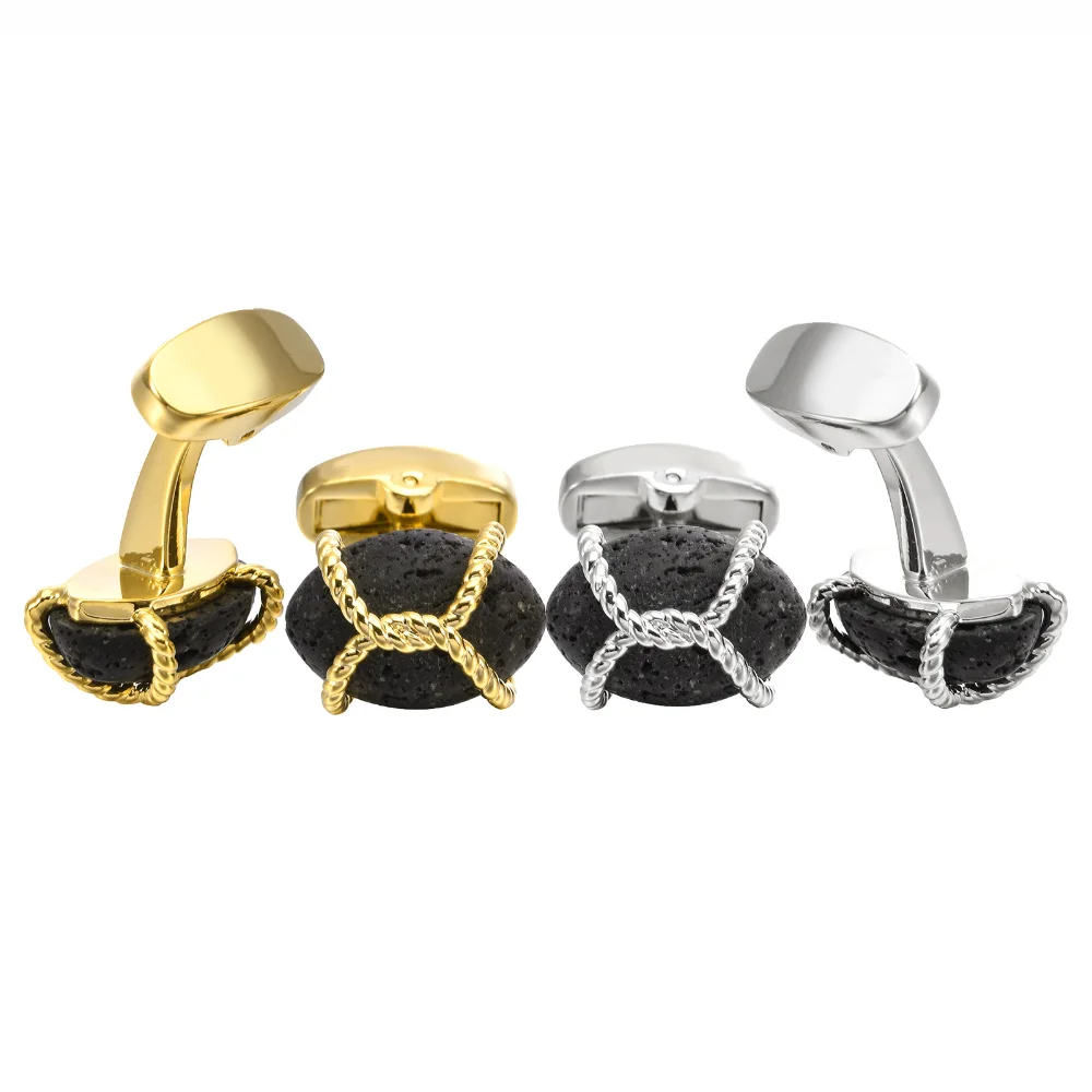 Unique volcanic stone cufflinks Vintage design with golden braided rope Elegant cuff accessories for men's business formal wear