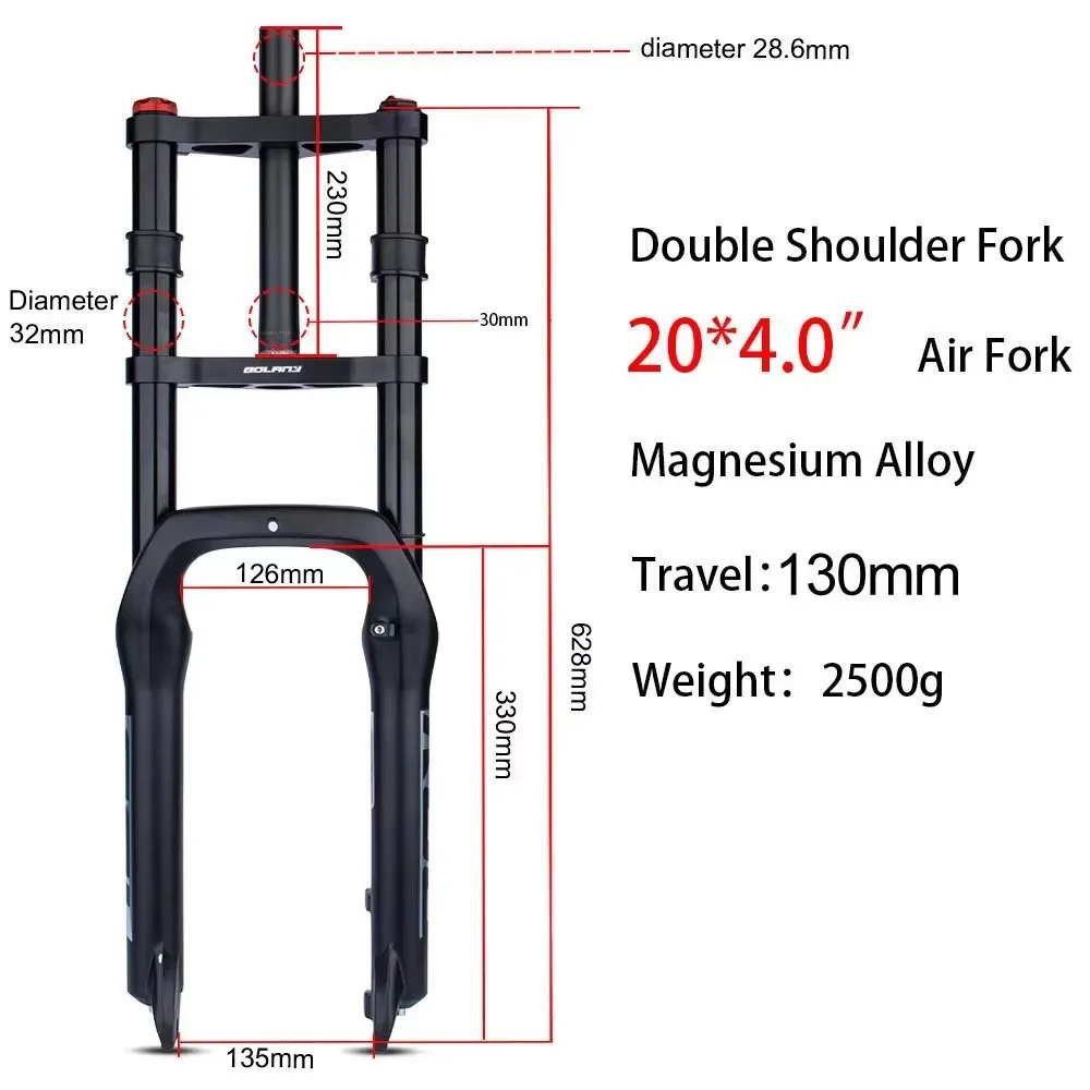 Bolany Dubbele Schouder Sneeuwvet Fiets Vork 26 "20" 4.0 "Air Mtb Fietsvering 32Mm Rechte Buis 135Mm Schok Magnesiumlegering