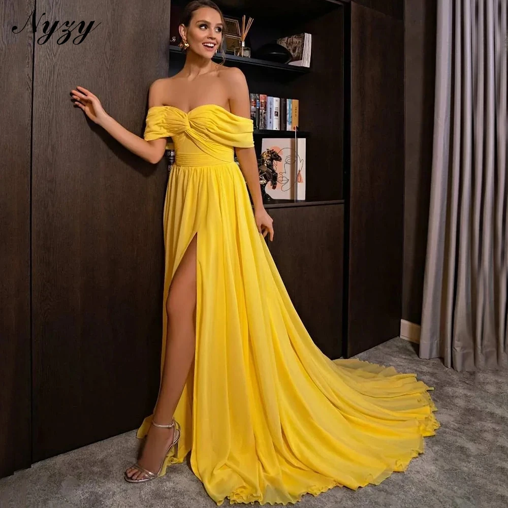 

NYZY E738 Couture Off the Shoulder Chiffon Evening Dresses High Slit Elegant Wedding Party Bridesmaid Prom Dresses Yellow
