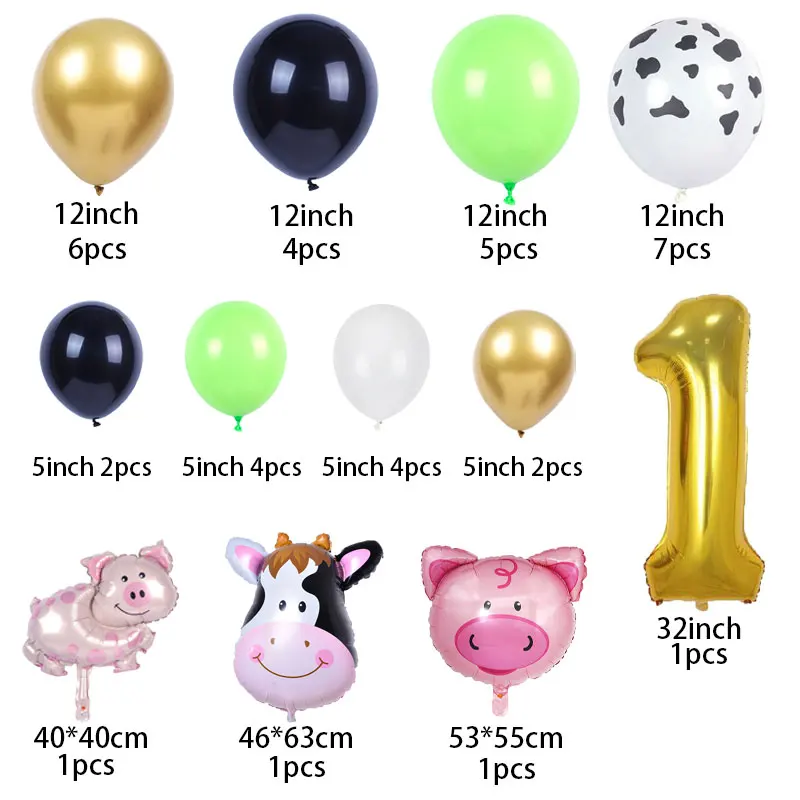 38pcs Farm Theme Birthday Party Balloons Set Cute Cow Pig Number Balloon Set Farm Party Kids 1 2 3 4th Birthday Party Decoration