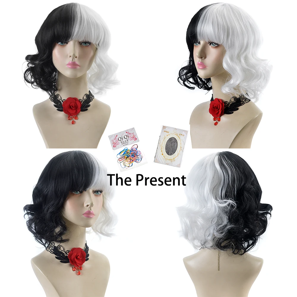 

Xi-Rocks 3706 Cruella De Vil Kuila Half Black And White Short Curly Cosplay With Bangs Synthetic False Hair