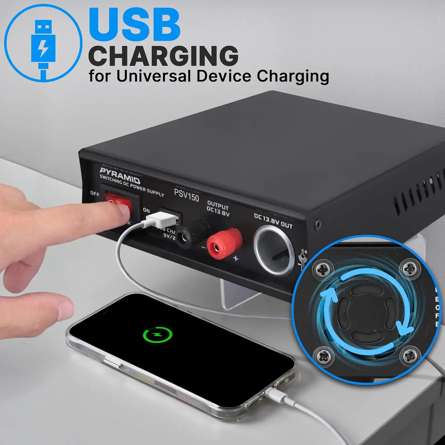 مصدر طاقة عالمي 12 أمبير - محول تيار مستمر متغير مع USB ولاعة سجائر، تيار متردد 115/230 فولت، طرف لولبي، مروحة تبريد -