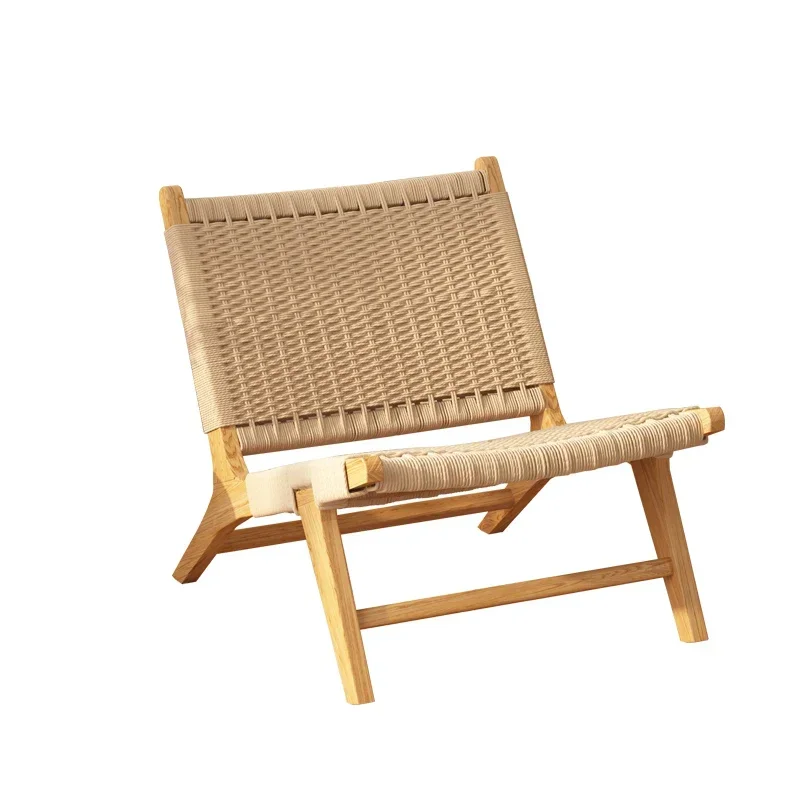 Wabi-Sabi Solid Wood Rope Lounge Chair, Nordic Saddle Leather Accent Minimalist Balcony Leisure Chair for Small Spaces