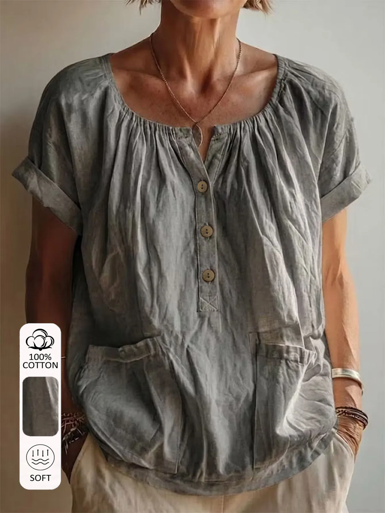 A 100% pure cotton women's top, breathable pure cotton fabric, local button opening simple and versatile.